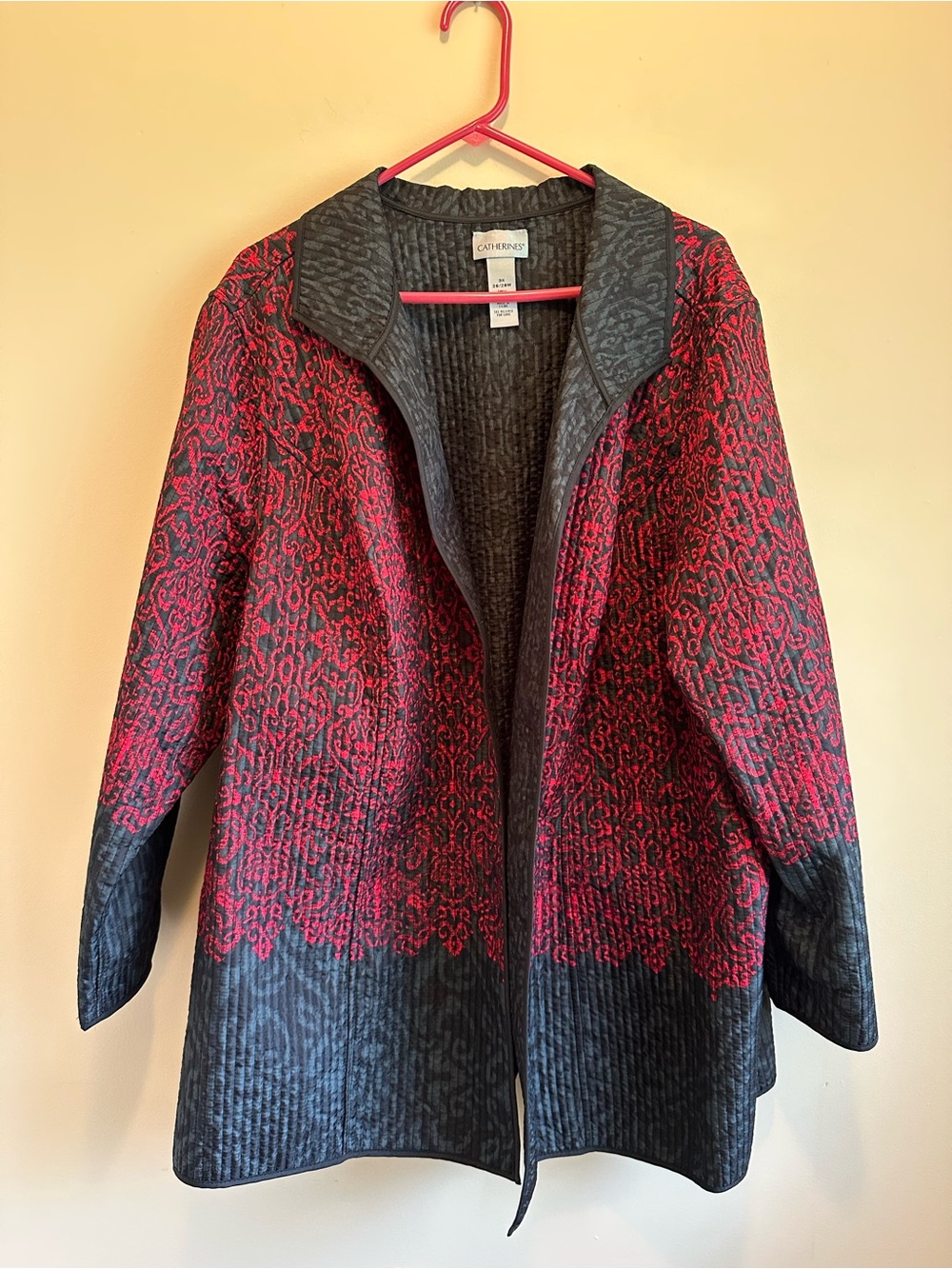 Catherine's Open Front Women’s 3X Quilted Jacket Blazer Jacket Red Black Print